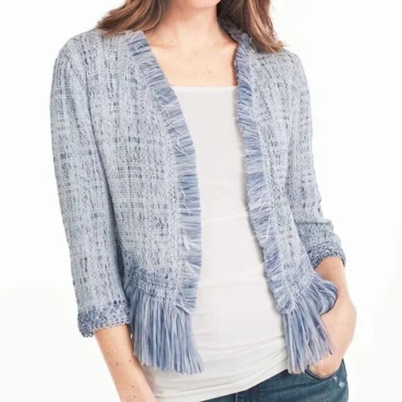 White House Black Market Blue Opal Fringe Jacket Open Drape Size Small - Picture 1 of 9